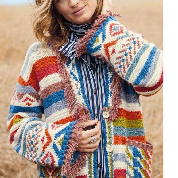 PERUVIAN CONNECTION High Plains Knit Jacket Aztec Print Fringe  M/L - Picture 1 of 9